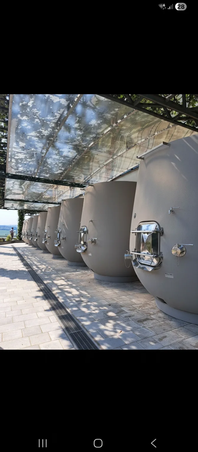 Cuves béton ovoïdes pour l'élevage du vin rouge Domaine La Doussinière chai moderne Montcaret Dordogne
