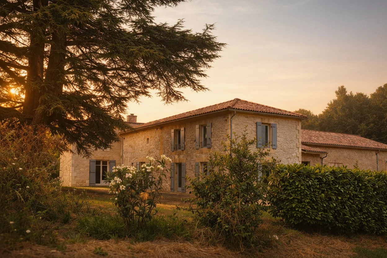 Domaine La Doussinière - Maison en pierre traditionnelle au coucher du soleil à Montcaret, Dordogne
