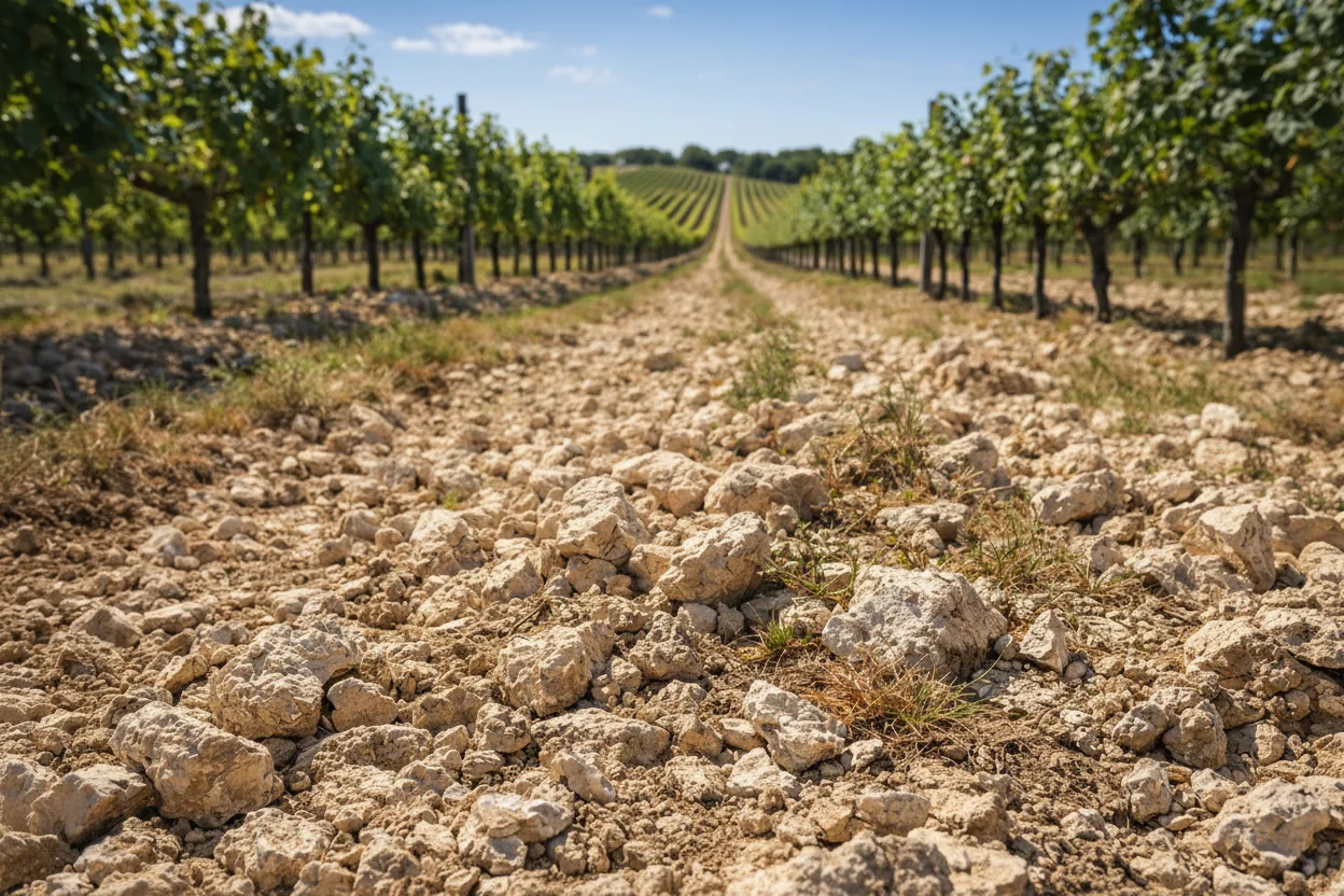 Sol argilo-calcaire entre les rangs de vignes du Domaine La Doussinière à Montcaret en Dordogne
