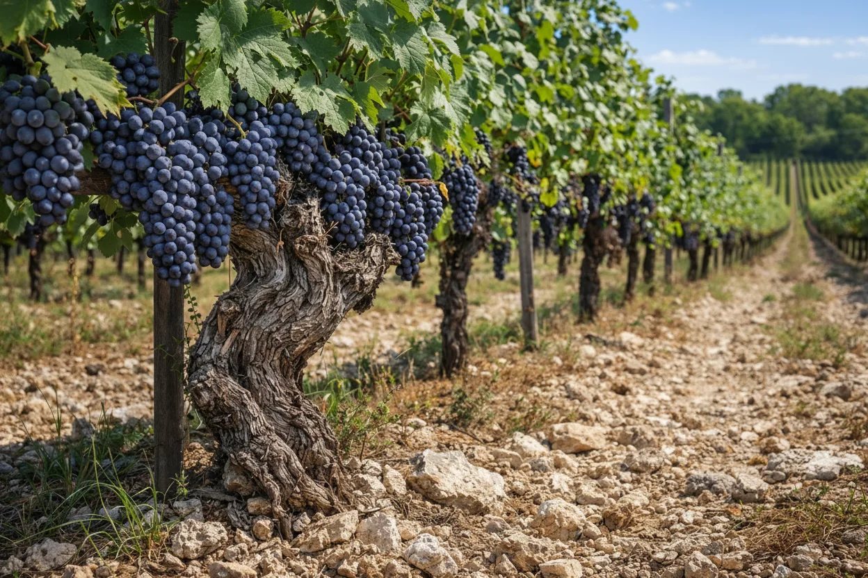 Vieilles vignes de Merlot avec grappes de raisins noirs sur sol calcaire Domaine La Doussinière Montcaret Dordogne