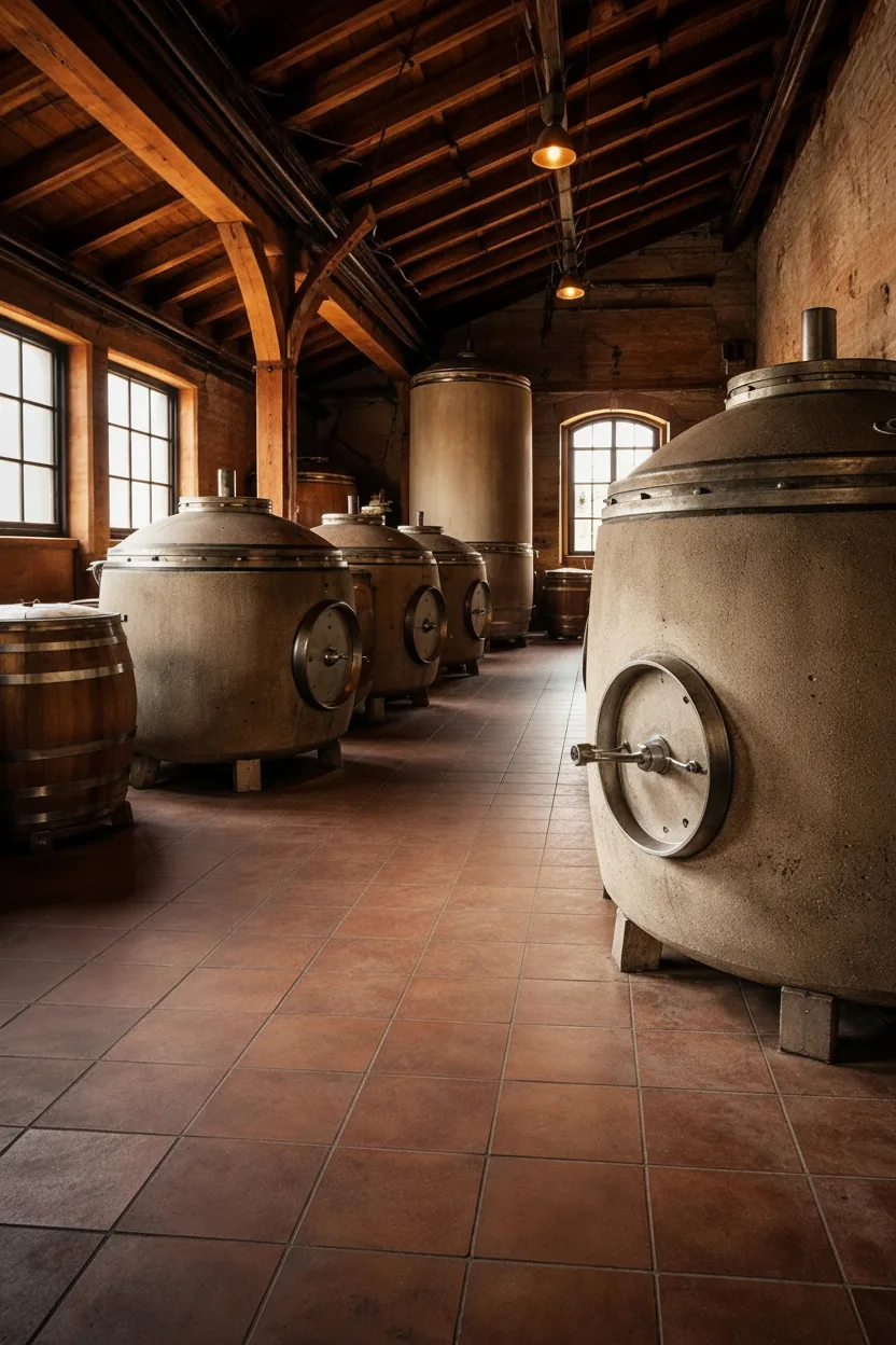 Cuves béton pour élevage du vin rouge bio au Domaine La Doussinière, chai de vinification à Montcaret en Bergerac